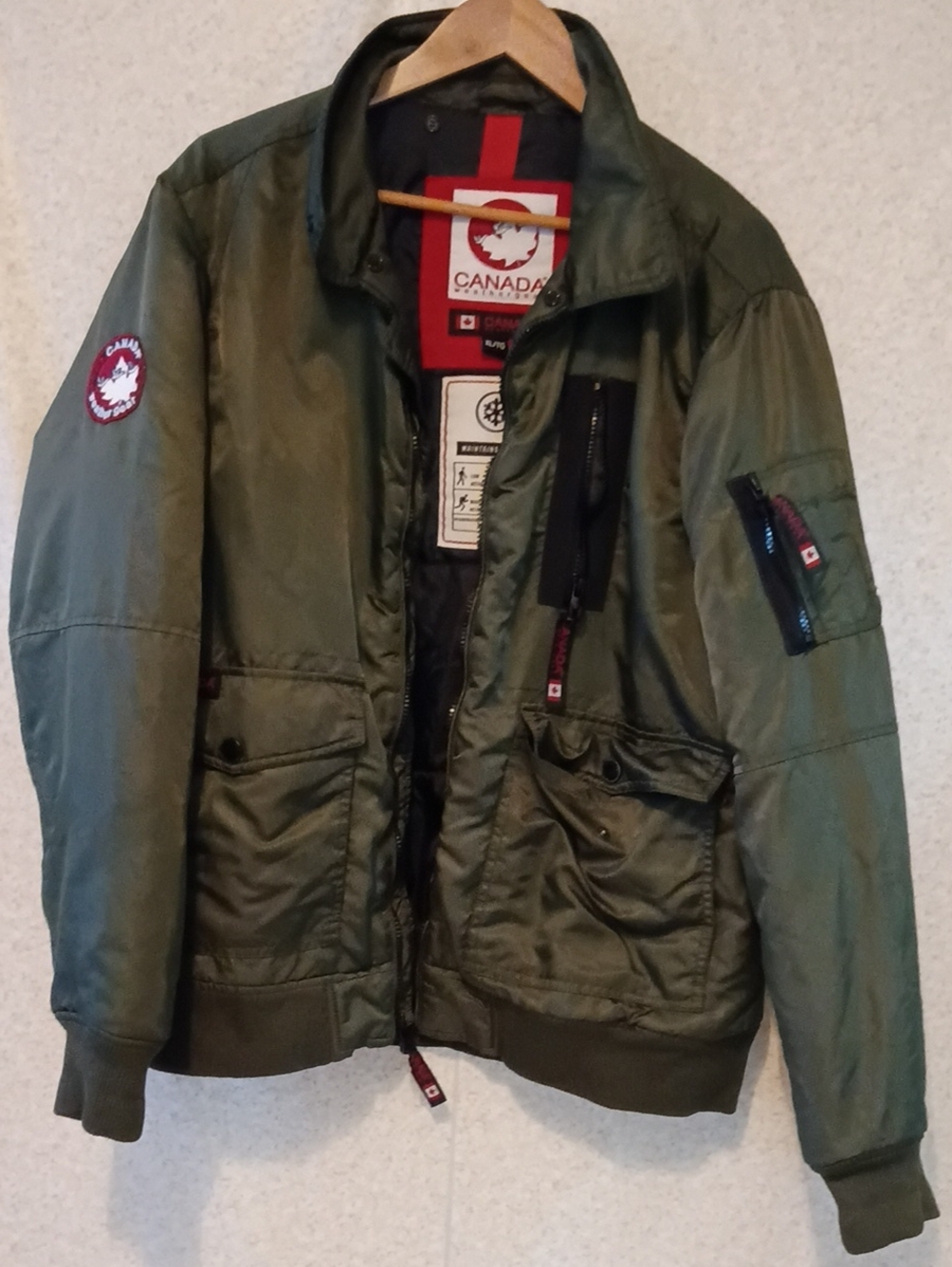 Canada Goose Olive Green Bomber Jacket with Red Logo Patch